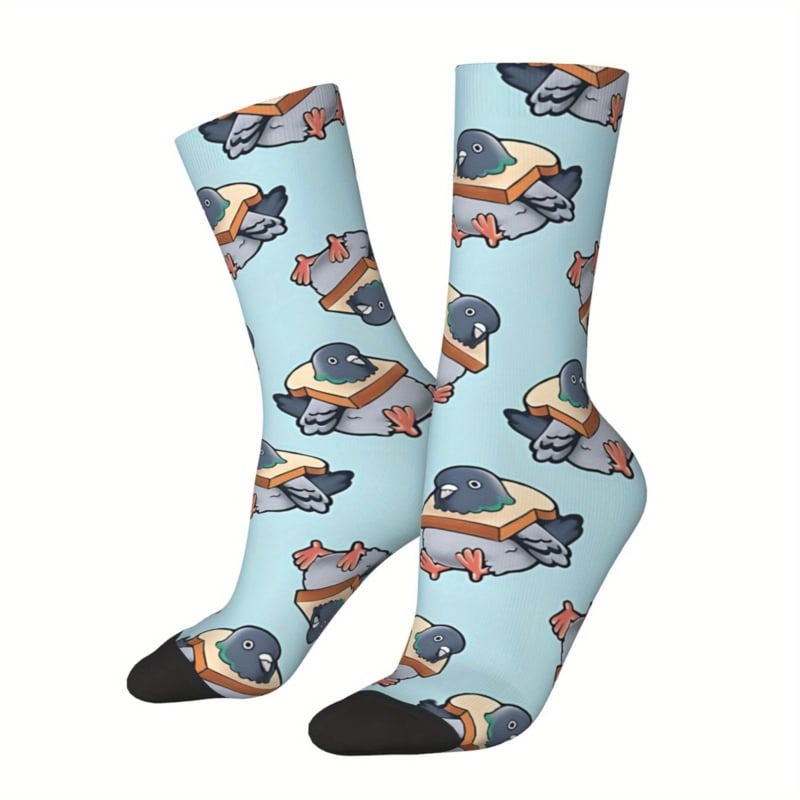 Unieke Blauwe Sokken met Grappige Duiven in Brood Print - Comfortabele en Stijlvolle Sokken